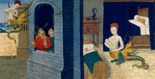 Mélusine échappe à Raymond (ou Raymondin) sous la forme d’un dragon. Dans la deuxième moitié de cette illustration, Mélusine allaite ses fils (Roman de Mélusine de Couldrette, 1401, BNF).